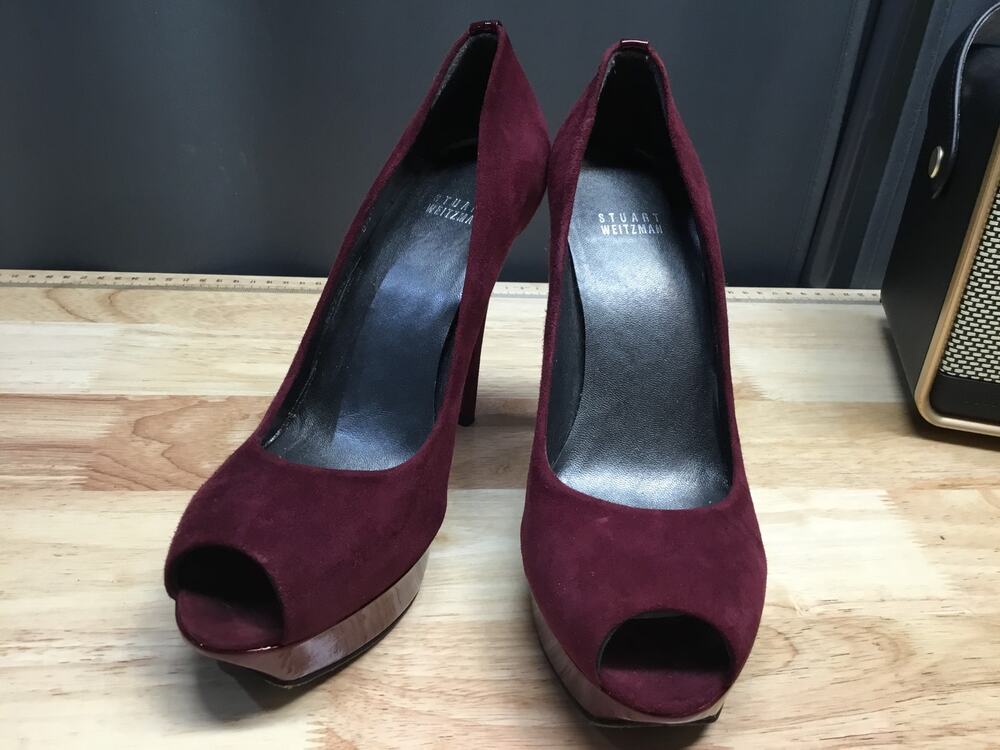 Stuart Weitzman Platform Pumps Women's 8.5 Burgundy Suede Slip-On Peep Toe
